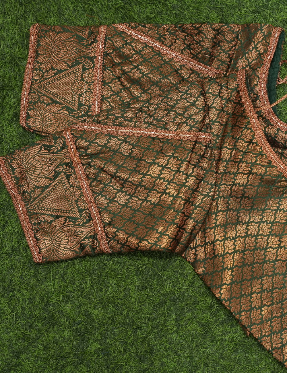 Dark Green Copper Zari Patch Work 3/4 Sleeve Blouse