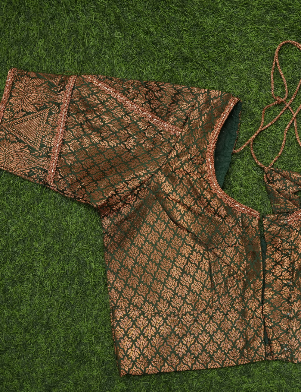 Dark Green Copper Zari Patch Work 3/4 Sleeve Blouse