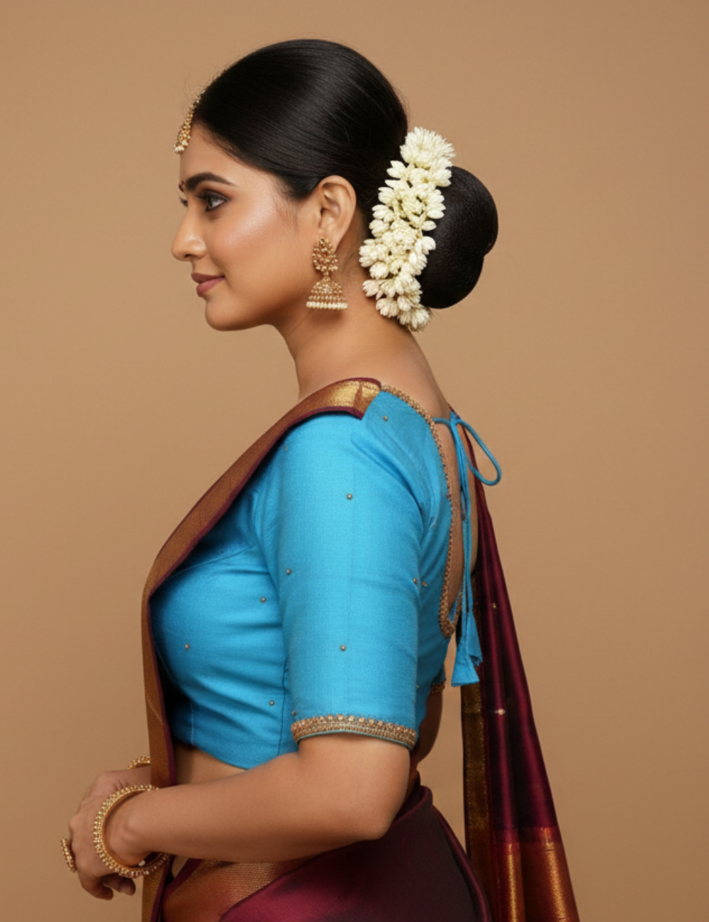 Royal Blue Aari Blouse – Single Line Golden beads Work