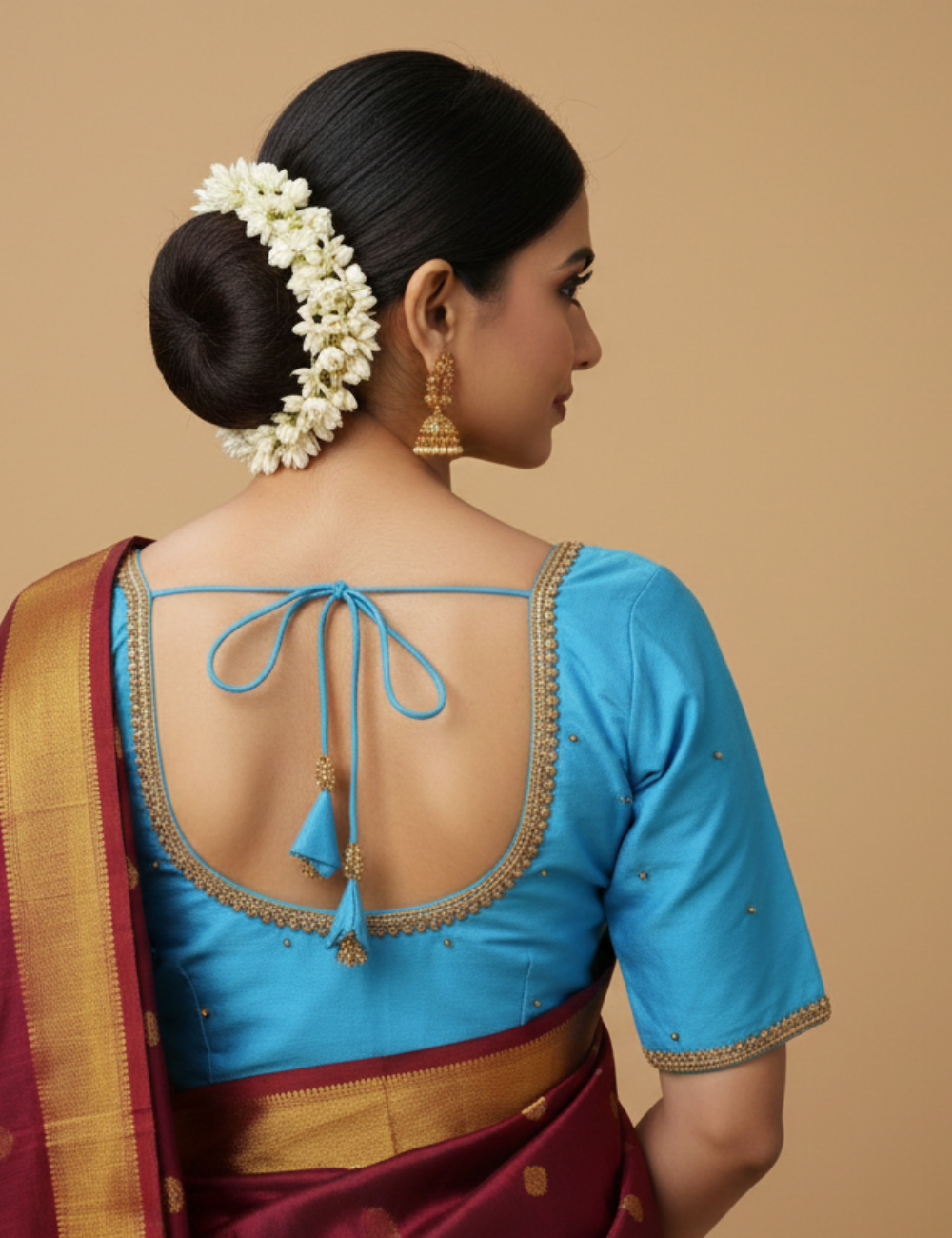 Royal Blue Aari Blouse – Single Line Golden beads Work