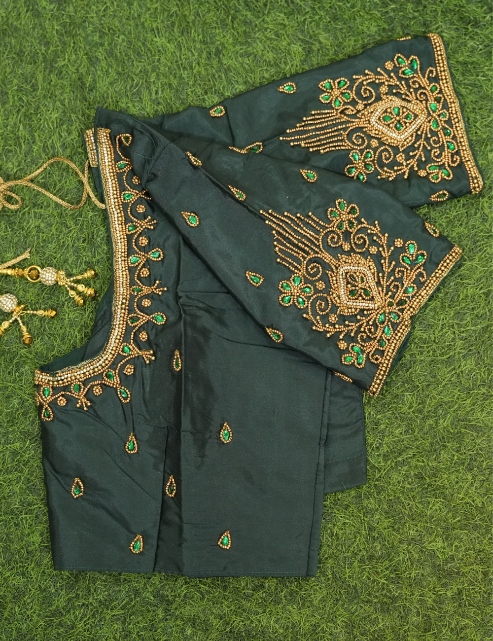 Dark Green Silk Cotton Blouse - Aari Work