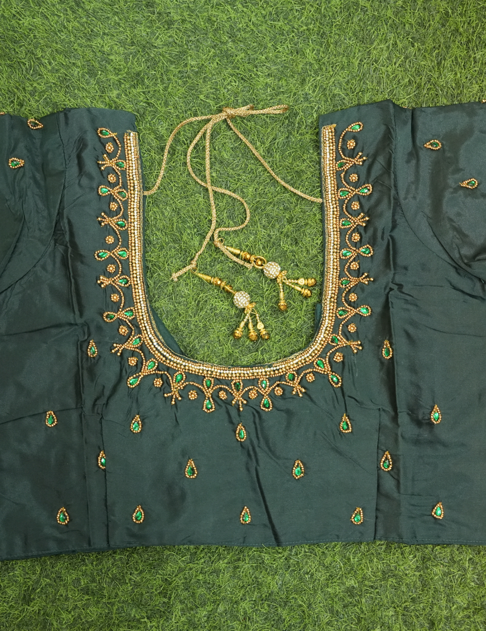 Dark Green Silk Cotton Blouse - Aari Work