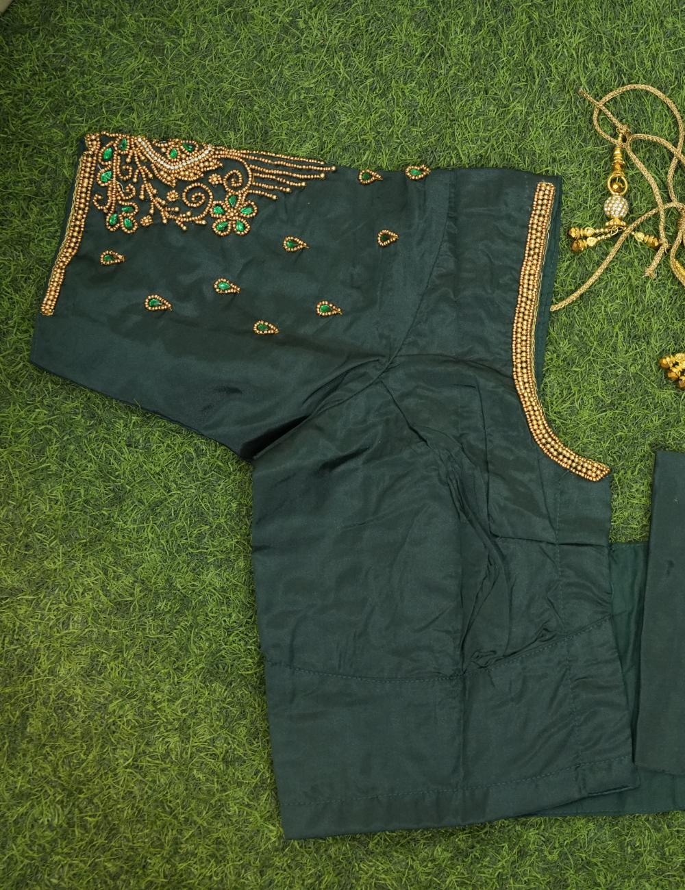 Dark Green Silk Cotton Blouse - Aari Work