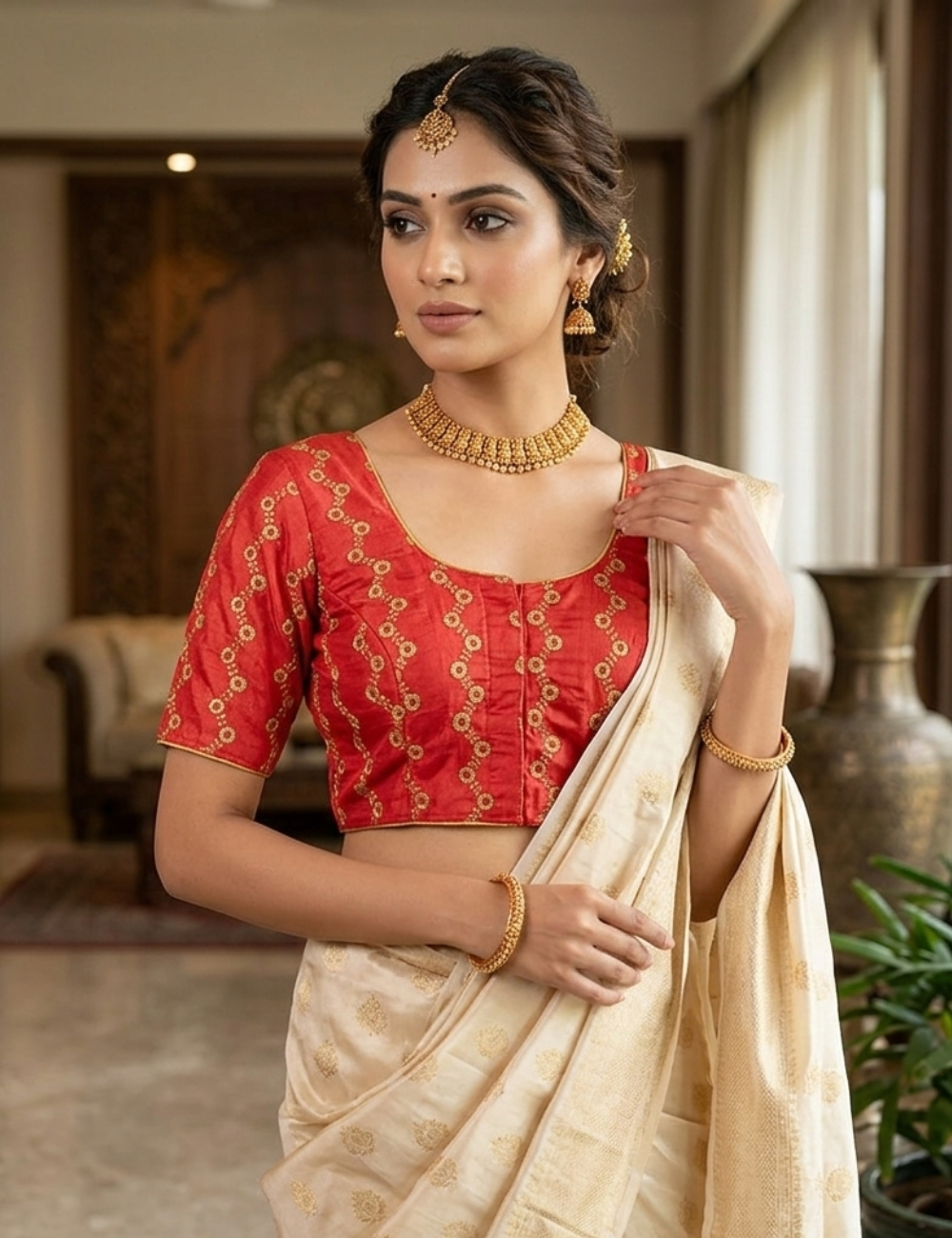 Red Blouse with Golden Embroidery – 36" Size
