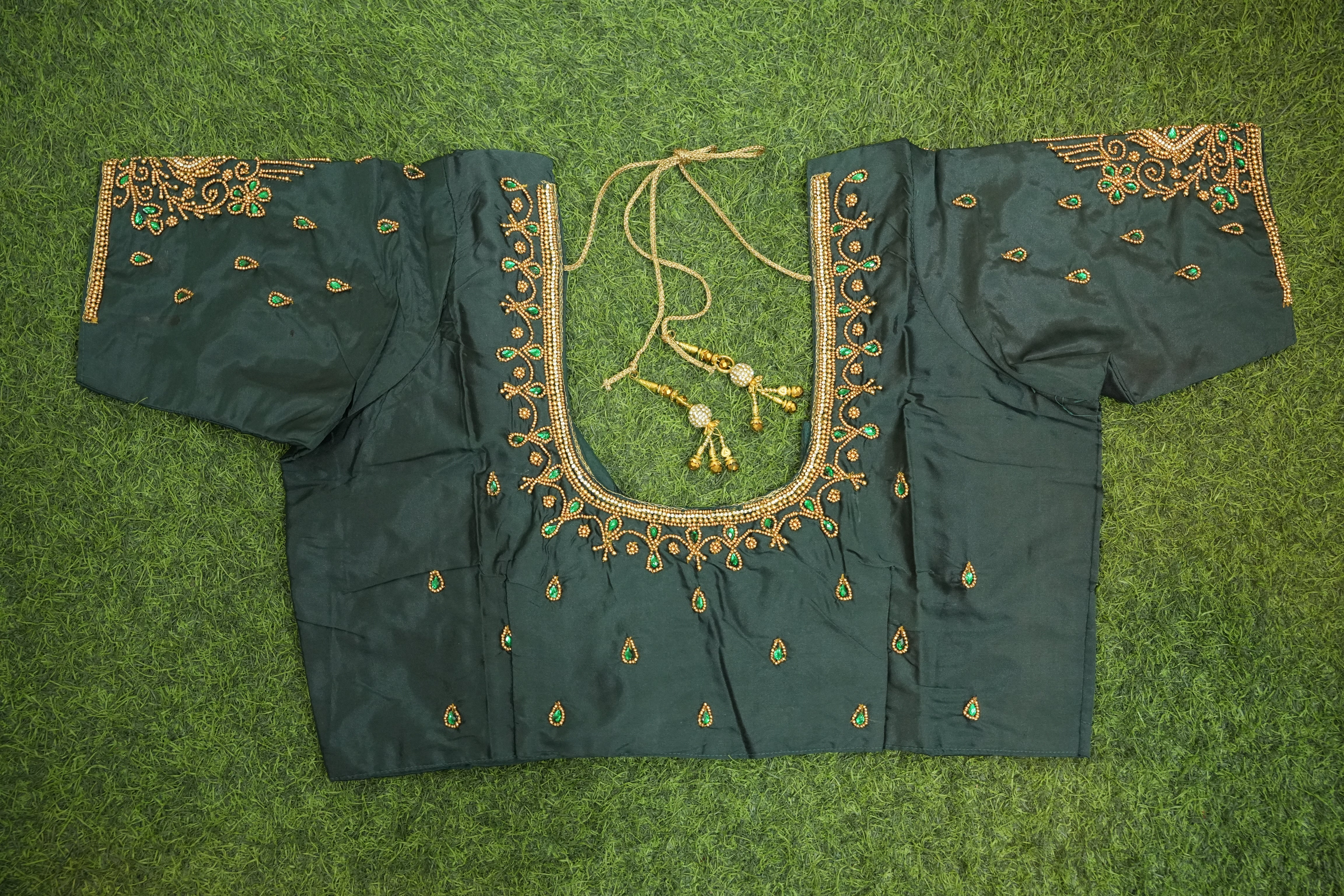 Dark Green Silk Cotton Blouse - Aari Work