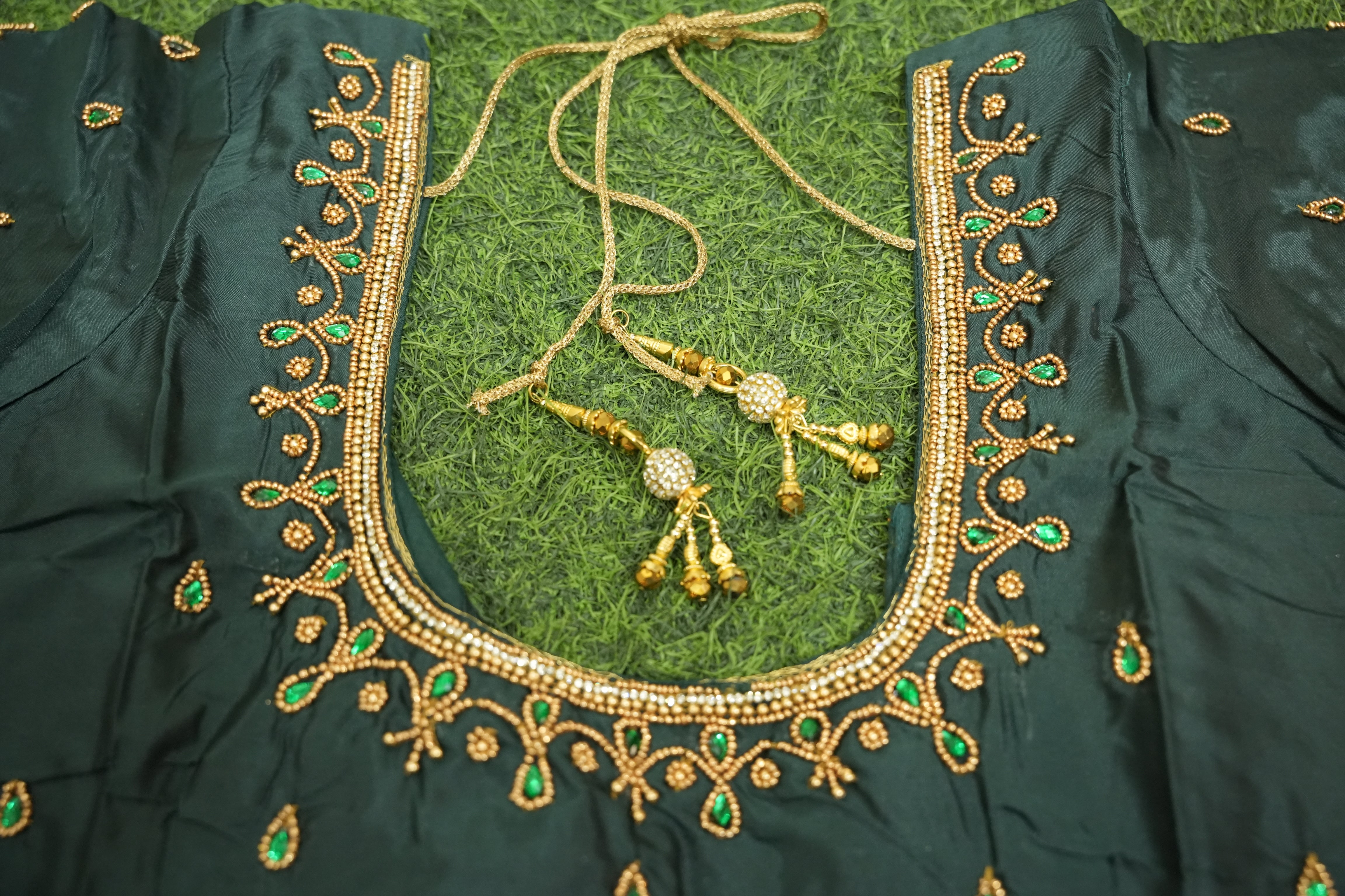 Dark Green Silk Cotton Blouse - Aari Work