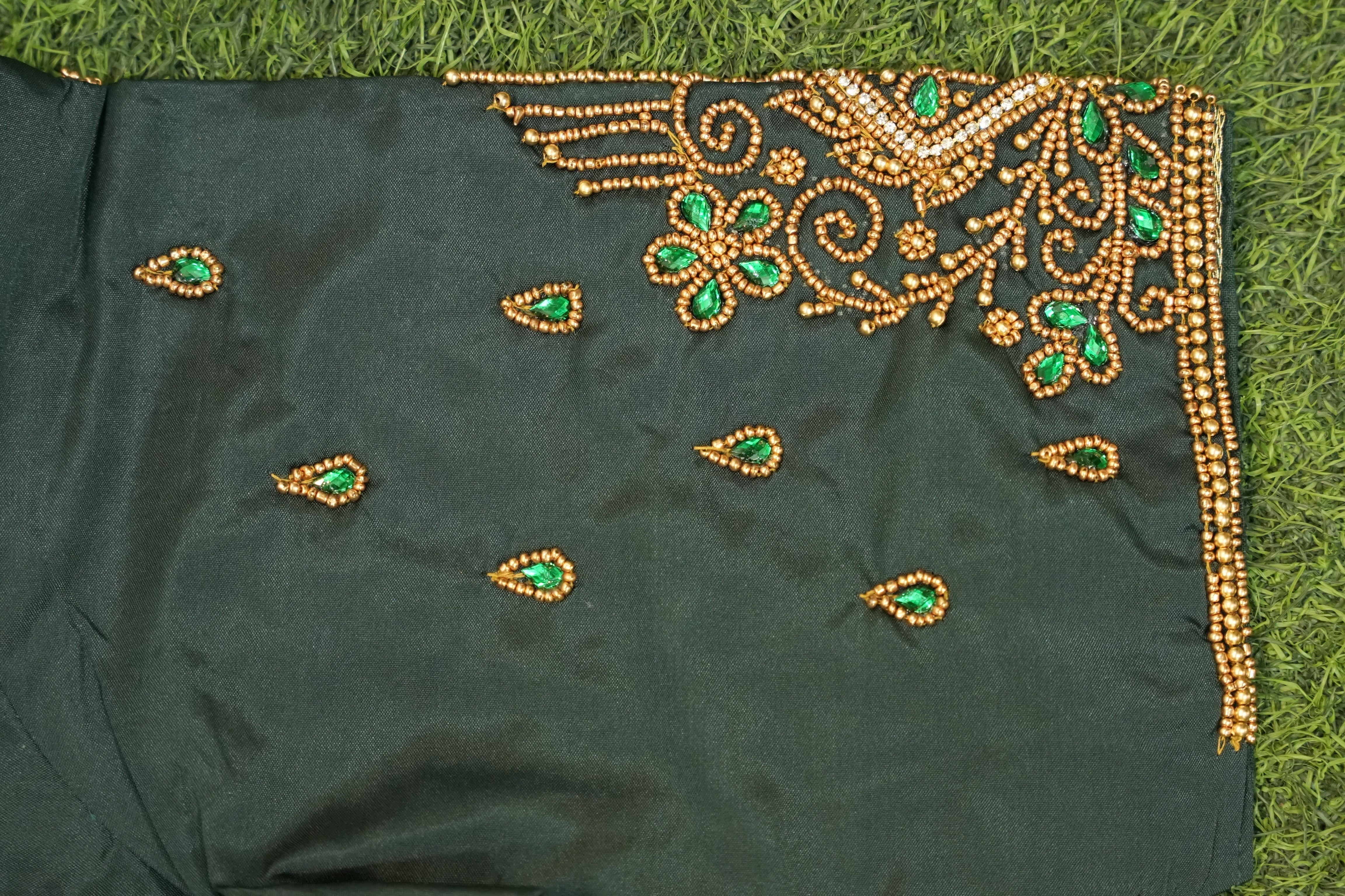 Dark Green Silk Cotton Blouse - Aari Work