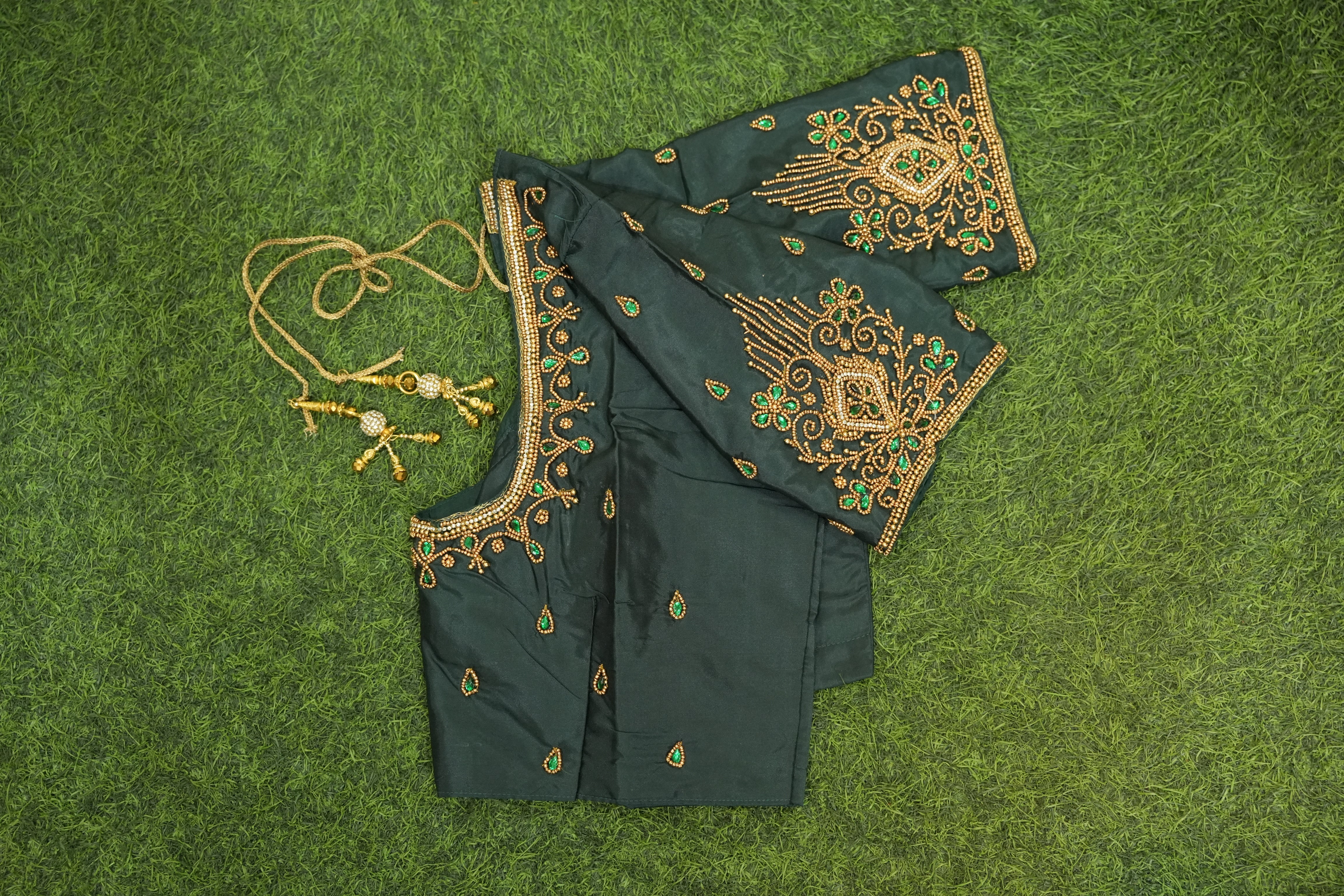 Dark Green Silk Cotton Blouse - Aari Work