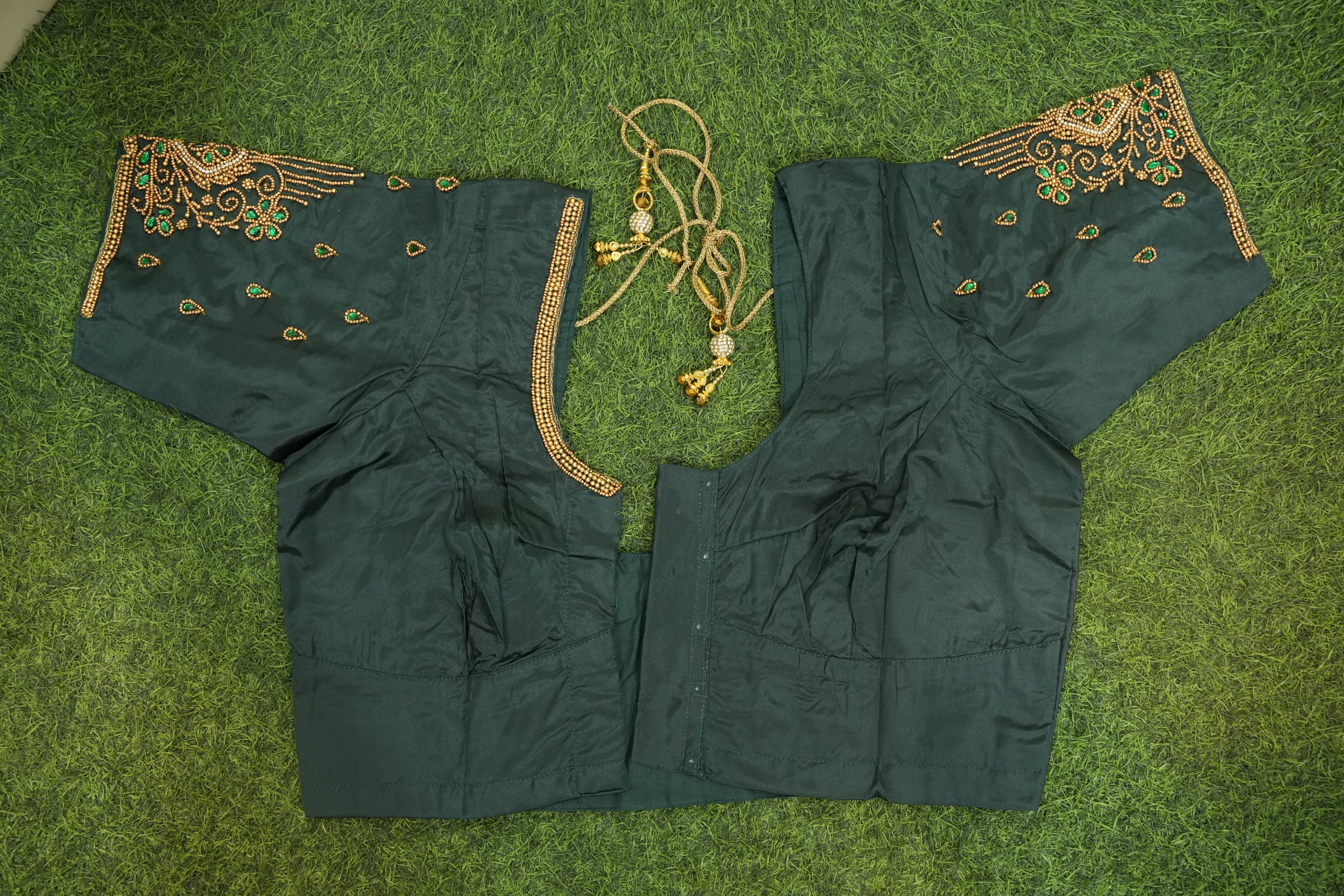 Dark Green Silk Cotton Blouse - Aari Work