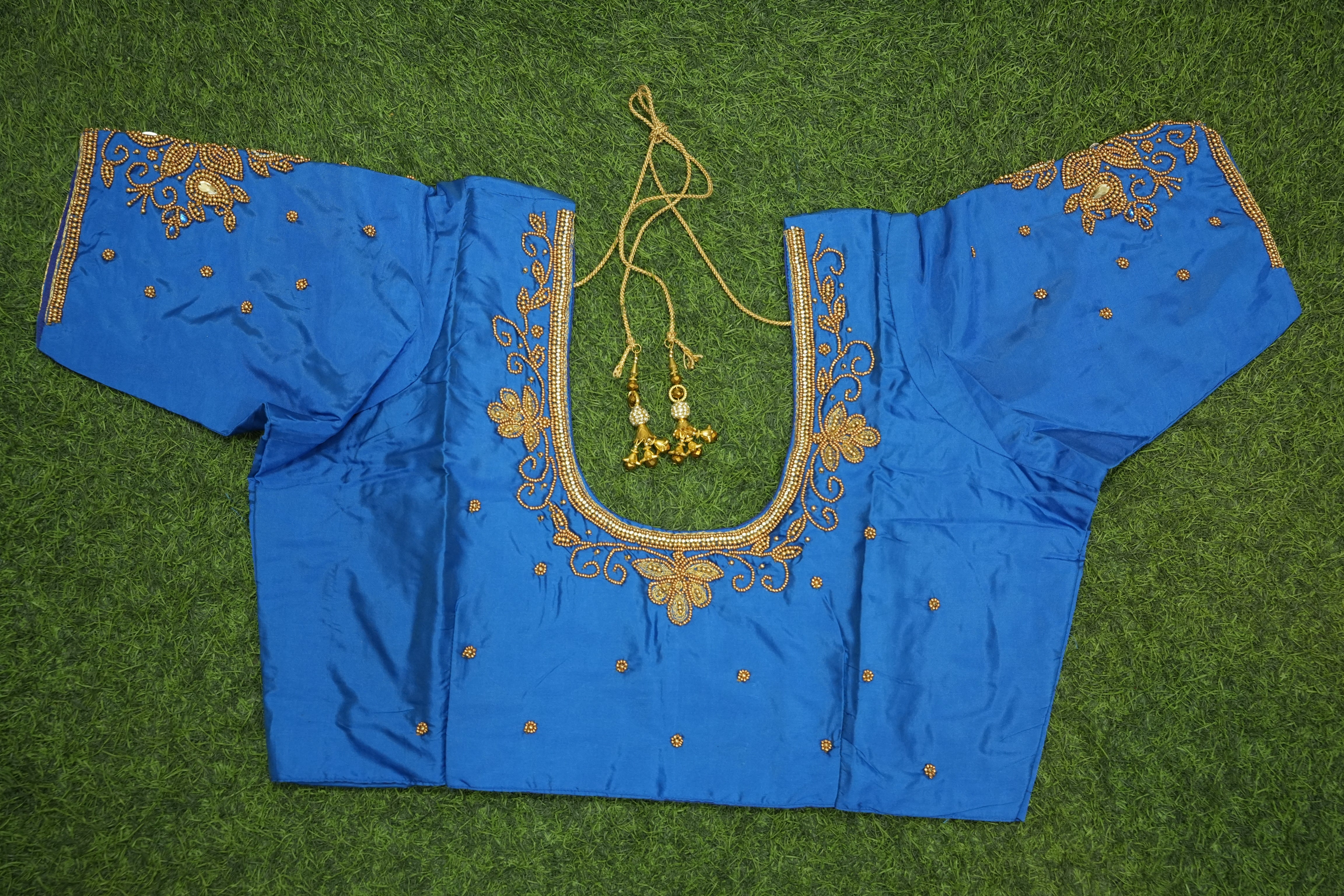 Royal Blue Silk Cotton Blouse with - Aari Work