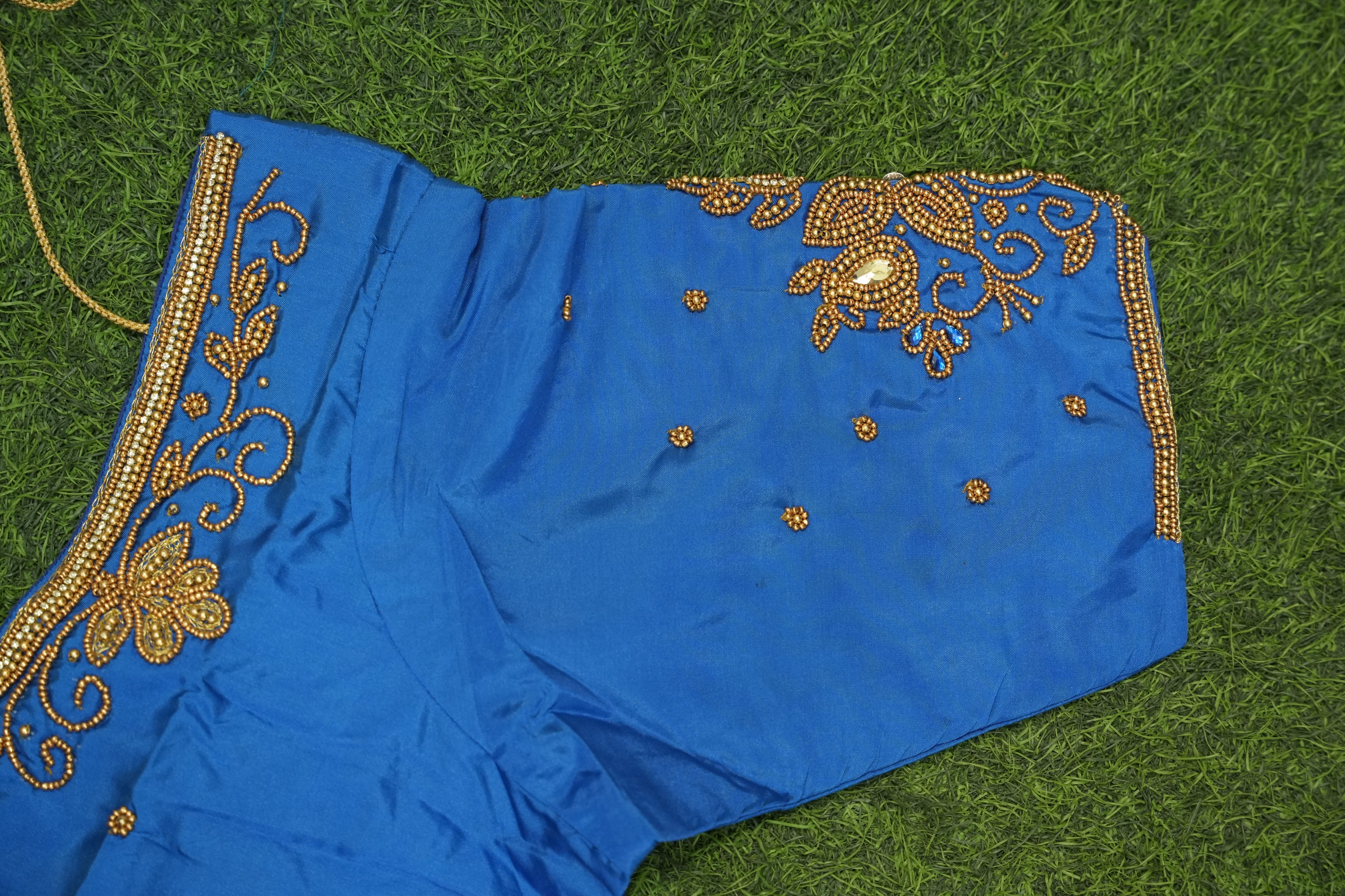Royal Blue Silk Cotton Blouse with - Aari Work