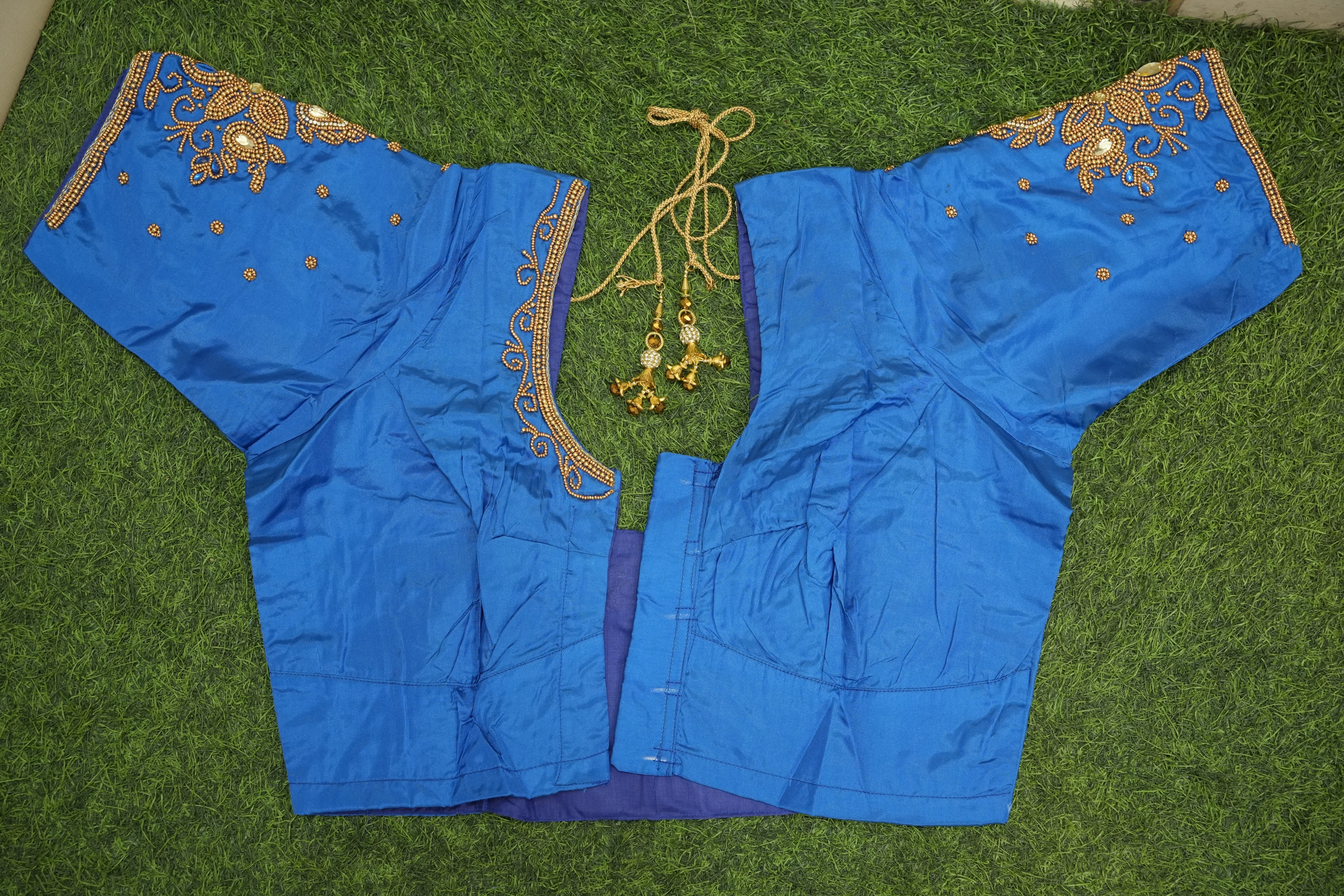 Royal Blue Silk Cotton Blouse with - Aari Work