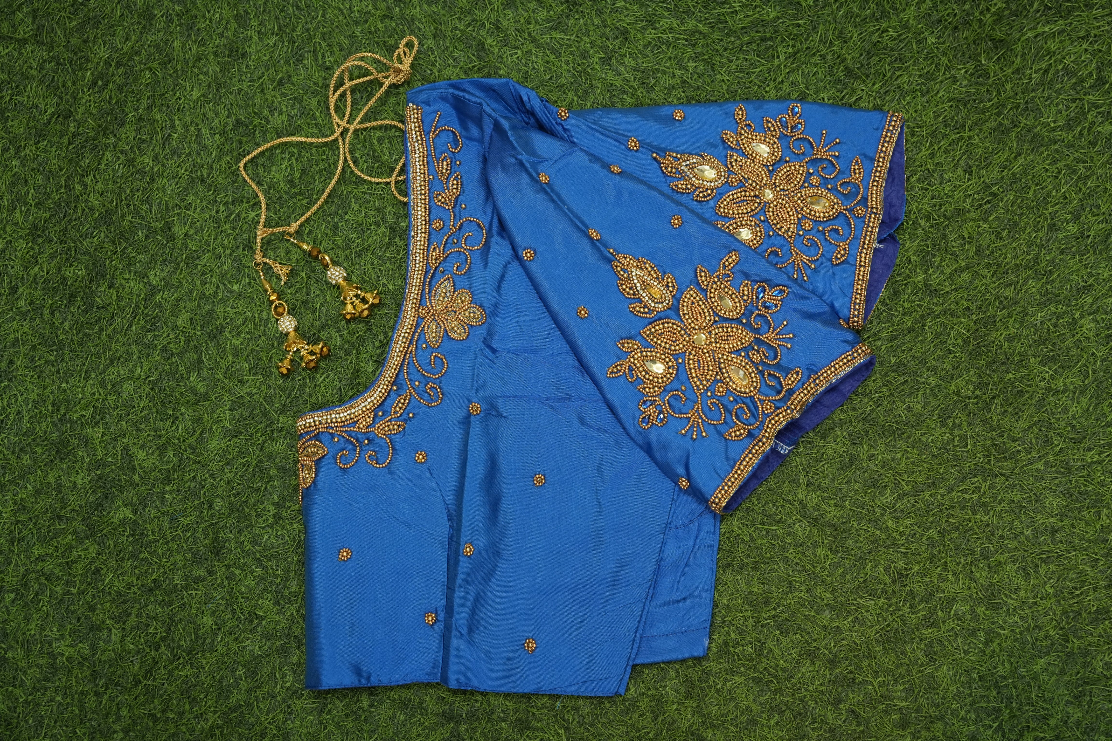 Royal Blue Silk Cotton Blouse with - Aari Work