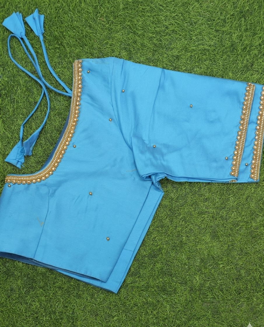 Royal Blue Aari Blouse – Single Line Golden beads Work