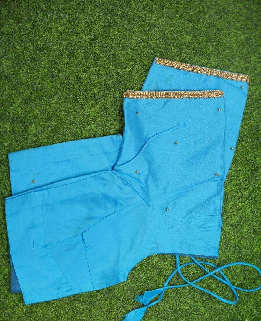 Royal Blue Aari Blouse – Single Line Golden beads Work