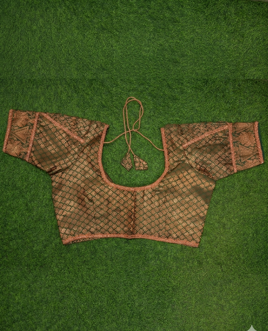 Dark Green Copper Zari Patch Work 3/4 Sleeve Blouse