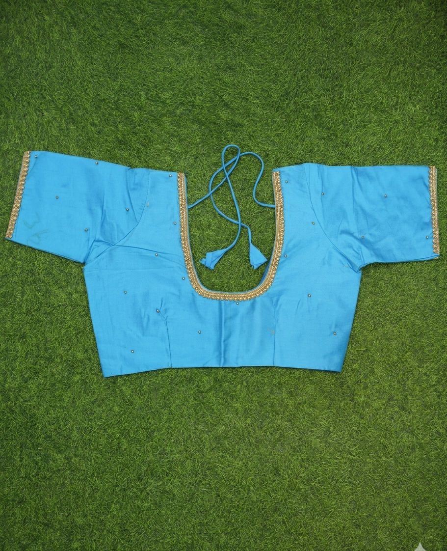 Royal Blue Aari Blouse – Single Line Golden beads Work