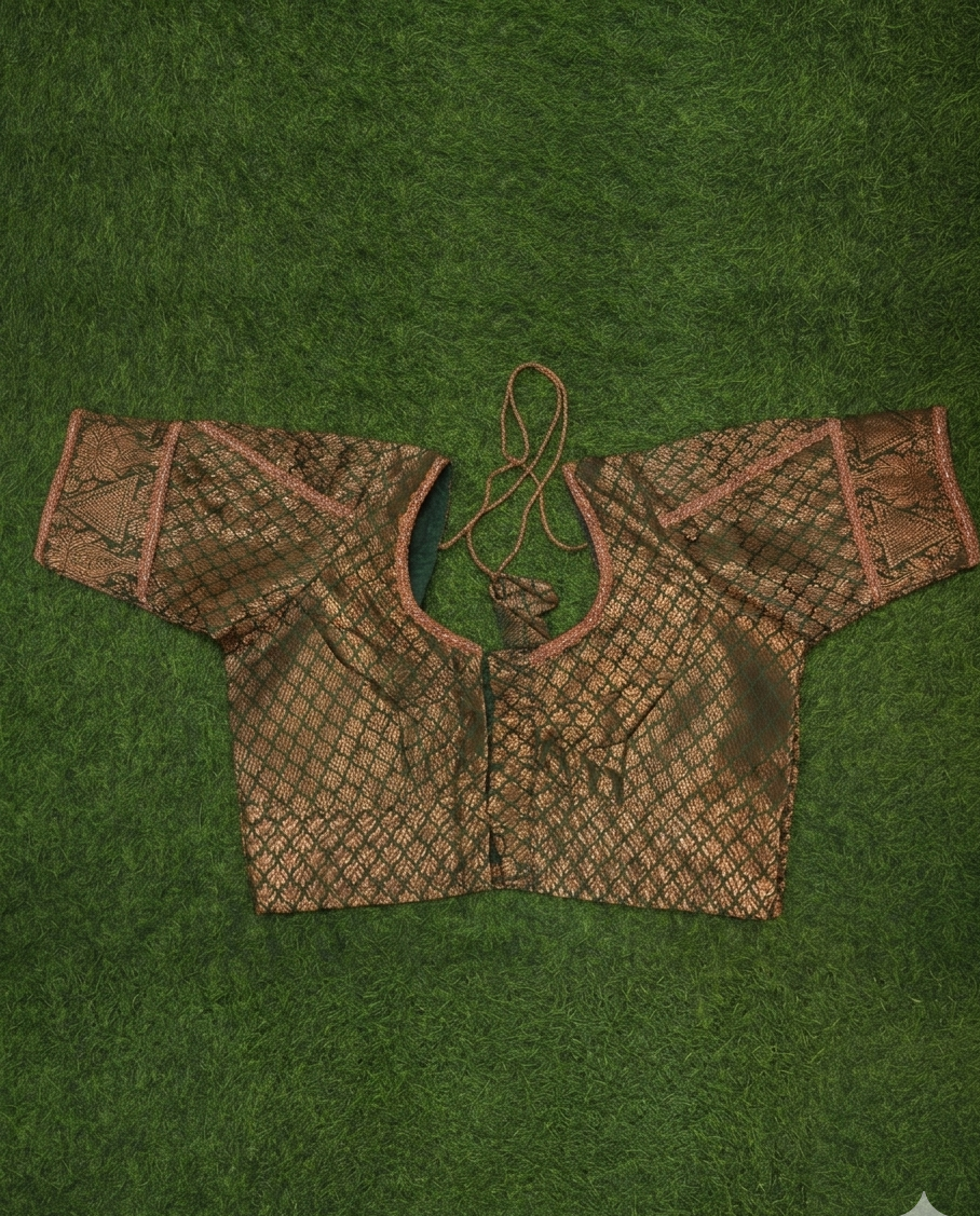 Dark Green Copper Zari Patch Work 3/4 Sleeve Blouse